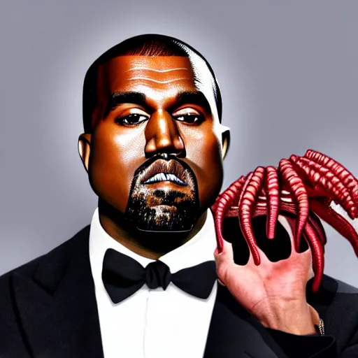 Prompt: kanye with a facehugger from alien on his head