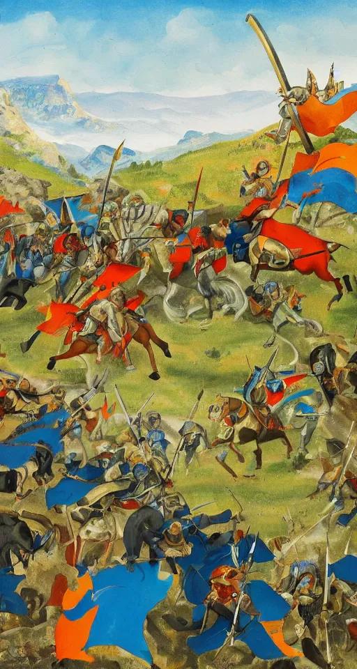 Image similar to colorful simple wideshot of a medieval battle in front of a beautiful large blue mountainscape, painting