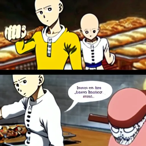 Prompt: saitama one punch man cooking long bread, bakery