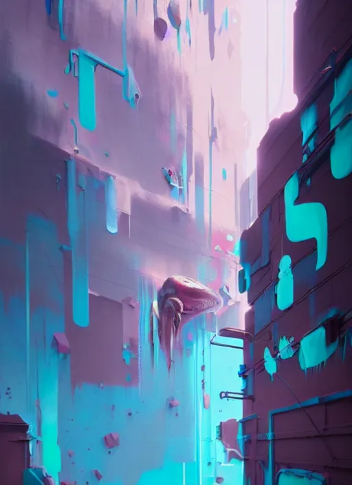 Image similar to matte painting extreme offset 3 d calligraphy graffiti mural dripping paint wall extreme maximalism by atey ghailan, by greg rutkowski, by greg tocchini, by james gilliard, by joe fenton, pink, brown, black and light blue color scheme, octane render