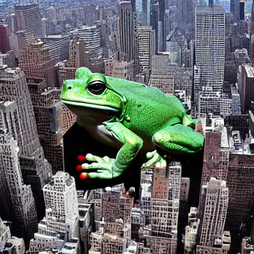 Prompt: giant frog standing over new york city