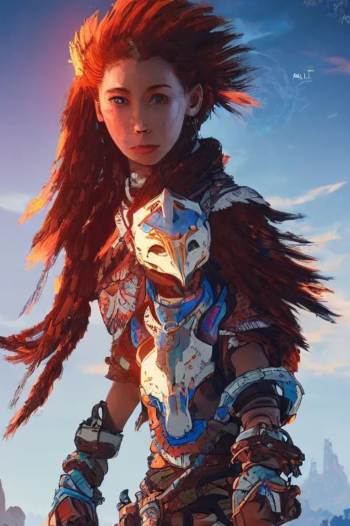 Image similar to combination suit armor aloy horizon forbidden west horizon zero dawn radiating a glowing aura global illumination ray tracing hdr fanart arstation by ian pesty and alena aenami artworks in 4 k tribal robot ninja mask helmet backpack