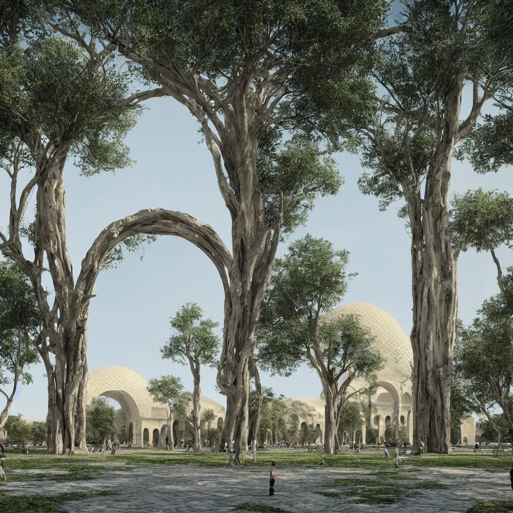 Prompt: Hyper realistic. The large museum space with the big Islamic arch made of roots of trees . Cinematography, mega scans,sloped site, cinematic, hyper realistic,photorealistic, cinematic composition, highly detailed, vray, 8k render