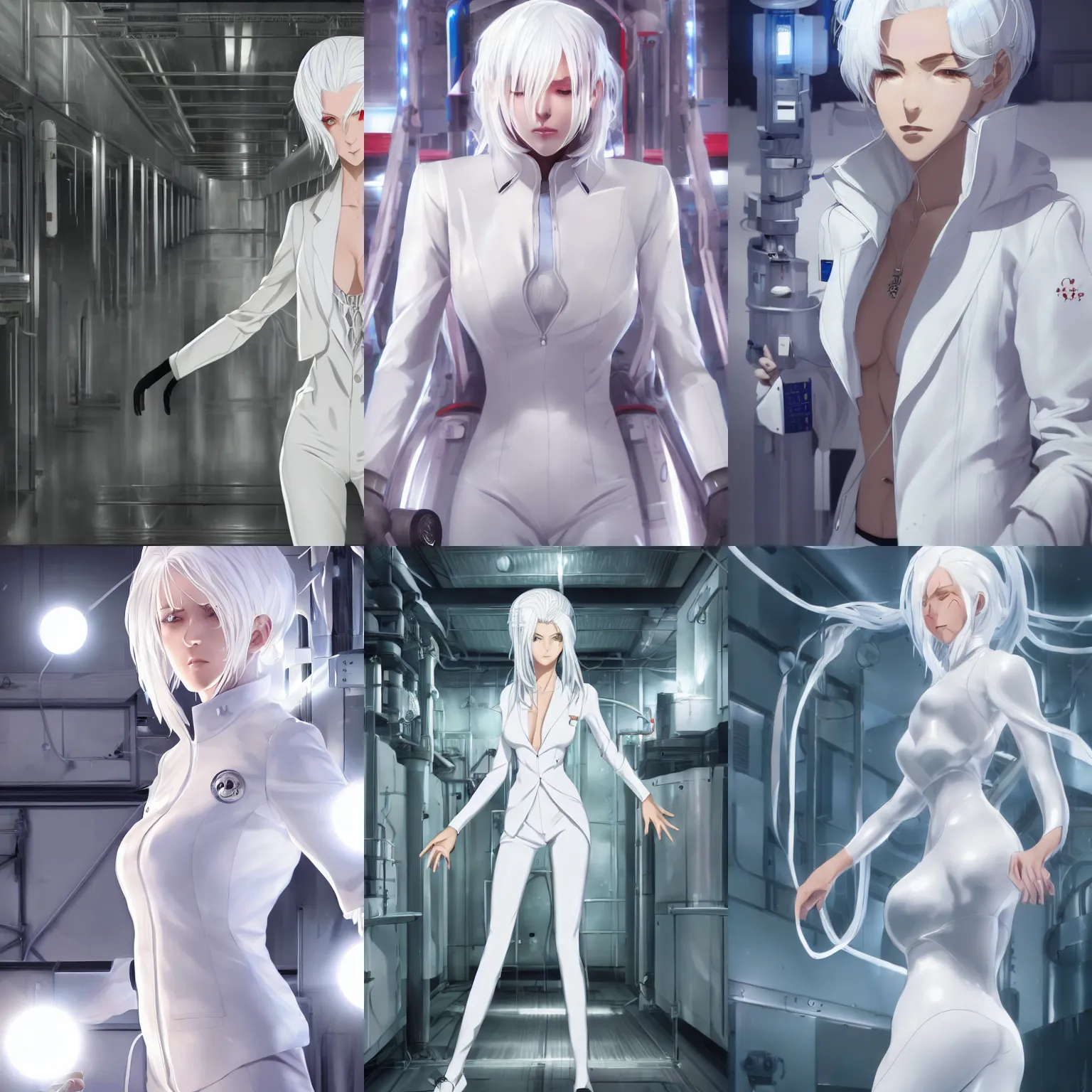 Prompt: a beautiful woman with white hair, wearing white suit, standing inside a research facility, character art, anime key visual, official media, illustrated by wlop, extremely detailed, 8 k, trending on artstation, cinematic lighting, beautiful body