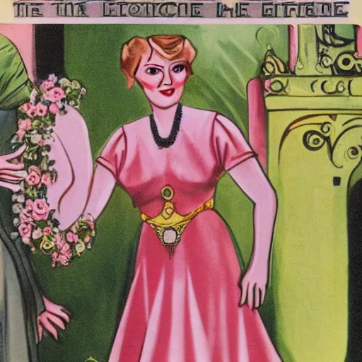 Image similar to a extreme long medium full shot, german and eastern european mixture kodachrome slide depicting a queen with tan skin, short, rippling dark cinnamon hair, and emerald coloured eyes, having a meeting with the prime minister. she is depicted in a vintage historical fantasy 1 9 3 2 life magazine photograph wearing a pink dress with floral patterns and green jewelry.