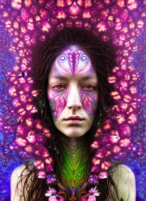 Prompt: psychedelic organic shaman, made of orchids and cherry blossom trees and seashells, diffuse lighting, fantasy, intricate, subconscious, highly detailed, photorealistic, digital painting, artstation, beautiful woman, concept art, smooth, sharp focus, by john collier and albert aublet, by amanda sage