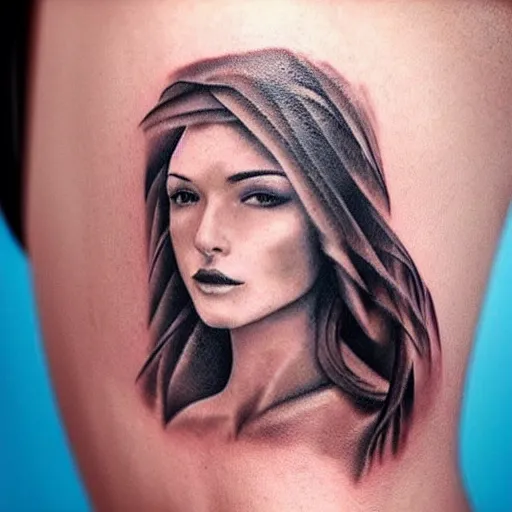 Prompt: realistic tattoo idea of a beautiful woman face blended with a mountain scenery