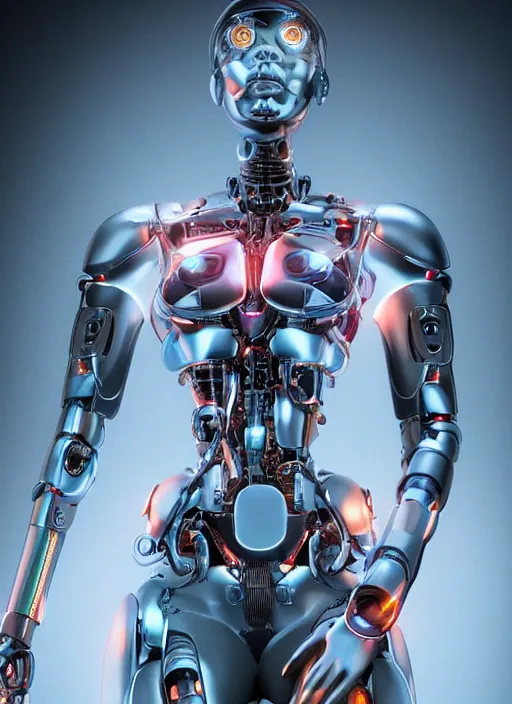 Image similar to photorealistic detailed full body picture of a female cyborg, pretty face, with head arms legs feet and hands, standing glamour pose, neon lights, humanoid, extreme, uhdr, book called the most influental cyborg in 2 0 5 0, fine details, highly detailed, intricate, smooth sharp focus, symmetrical features, environmental portrait, realistic render