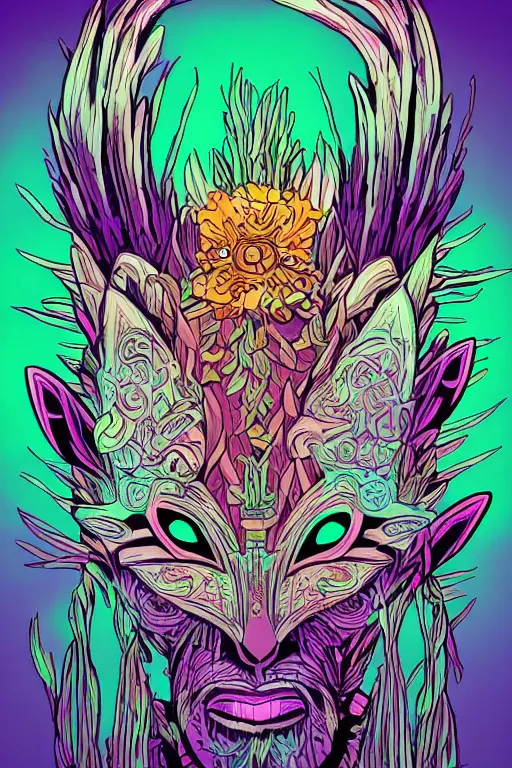 Image similar to animal mask totem roots flower tribal feather gemstone plant wood rock shaman vodoo video game vector cutout illustration vivid multicolor borderlands comics by josan gonzales and dan mumford radiating a glowing aura