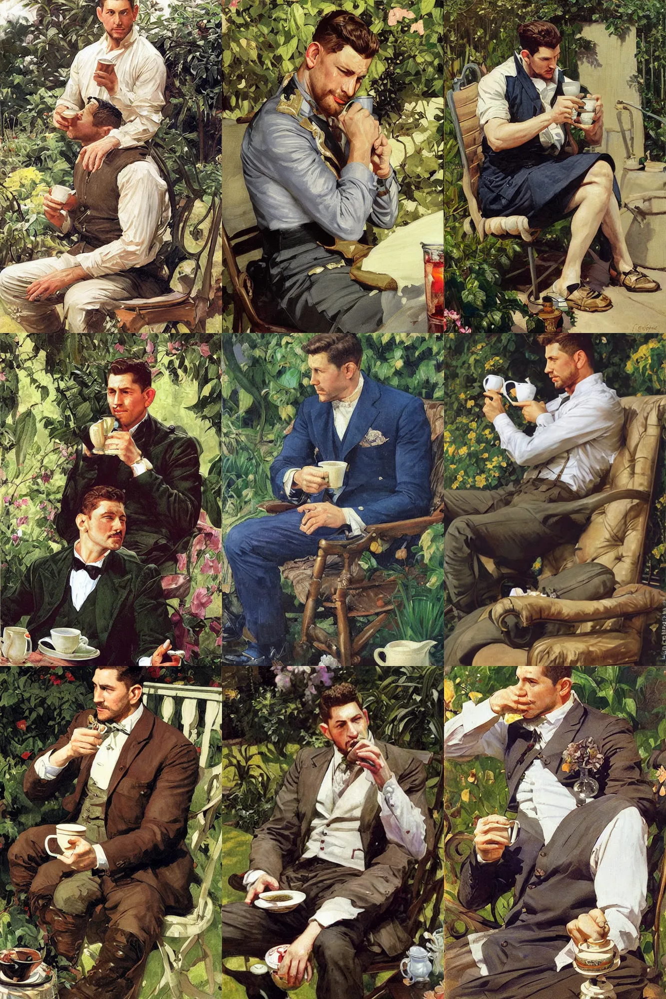 Prompt: chris redfield drinking tea in the garden, painting by j. c. leyendecker