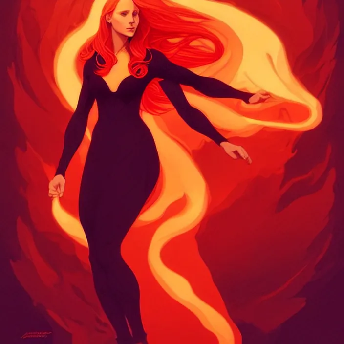 Image similar to style artgerm, joshua middleton, beautiful kristen bell with dark red dress, very long orange hair, symmetrical face, symmetrical eyes, fire powers fire swirling, detailed, volcano setting, cinematic lighting