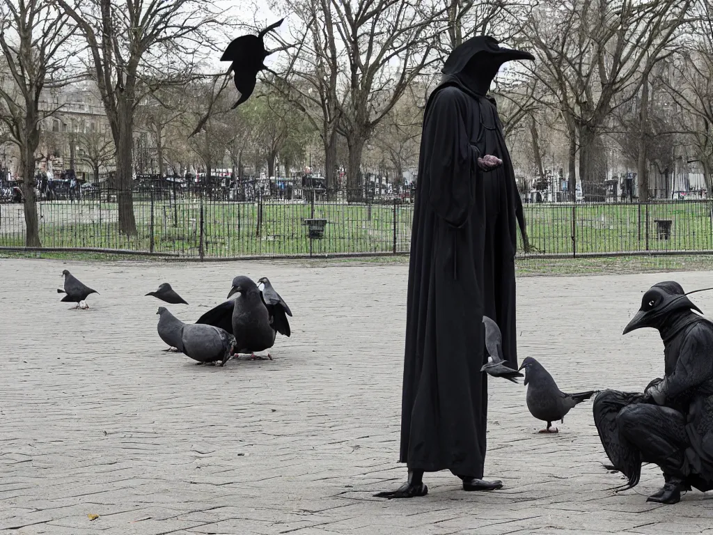 Prompt: plague doctor in a park feeding pigeons