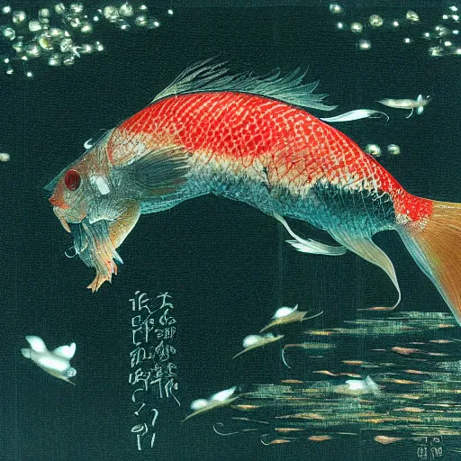 Image similar to carp falling from the sky, yoshitaka amano