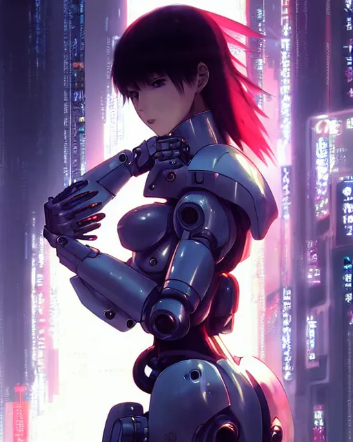 Image similar to portrait Anime Girl in mecha armor in night tokyo Sharp fine face pretty face, realistic shaded Perfect face, fine details. Anime. cyberpunk realistic shaded lighting by katsuhiro otomo ghost-in-the-shell, magali villeneuve, artgerm, rutkowski Jeremy Lipkin and Giuseppe Dangelico Pino and Michael Garmash and Rob Rey