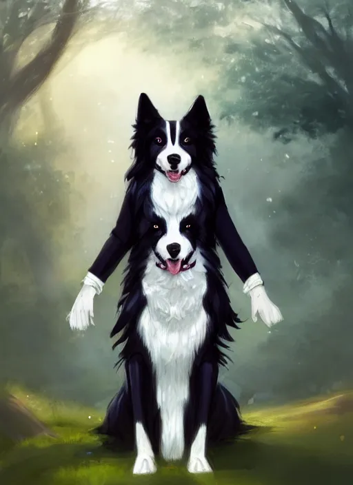 Image similar to wide angle full body portrait of a cute male anthropomorphic border collie fursona wearing a jacket in front of a park, by charlie bowater, henry asencio, and ross tran, concept art, digital painting, furaffinity, scenic background, intricate, elegant, beautiful, fantasy, glamor pose, detailed, trending on artstation