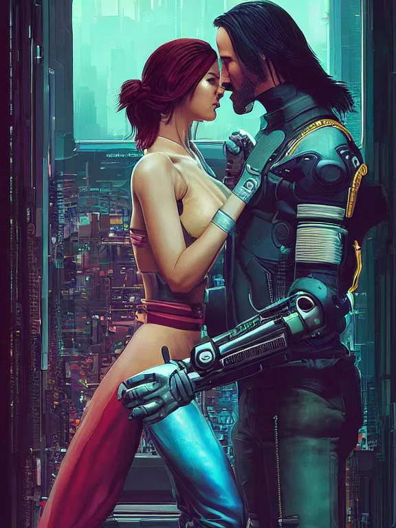 Image similar to a cyberpunk 2077 couple portrait of Keanu Reeves&female android in final kiss,love,film lighting,by Laurie Greasley,Lawrence Alma-Tadema,Dan Mumford,artstation,deviantart,FAN ART,full of color,Digital painting,face enhance,highly detailed,8K,octane,golden ratio,cinematic lighting