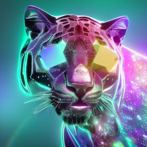 Image similar to multifaceted swarovski panther render, rainbow refraction, polished, highly reflective, porcelain, opal, quartz, diamond volumetric lighting, octane render, 8 k, photorealistic, ultra realistic