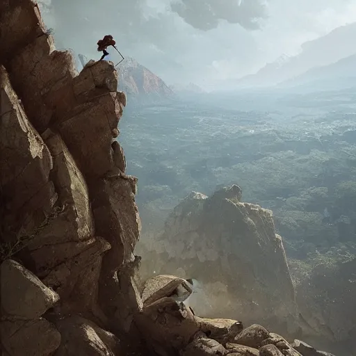 Prompt: a stickman climbing a rocky hill,digital art,art by greg rutkowski,detailed,dramatic,view from below