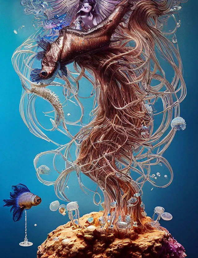 Prompt: goddess macro shouler portrait from bottom to top in crown made of ram skull. betta fish, jellyfish phoenix, bioluminiscent, plasma, ice, water, wind, creature, super intricate ornaments artwork by tooth wu and wlop and alex prager and greg rutkowski