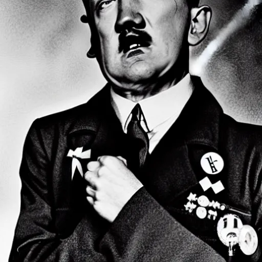 Prompt: photo of adolf hitler pointing a gun to his head while crying in the style of martin schoeller