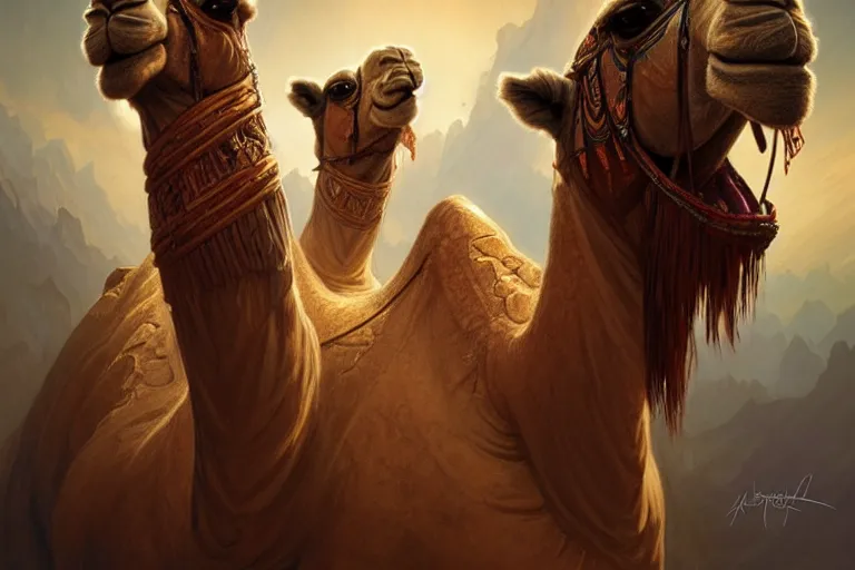 Image similar to triple headed camel, 1 0 0 1 night, deep focus, d & d, fantasy, intricate, elegant, highly detailed, digital painting, artstation, concept art, matte, sharp focus, illustration, hearthstone, art by artgerm and greg rutkowski and alphonse mucha