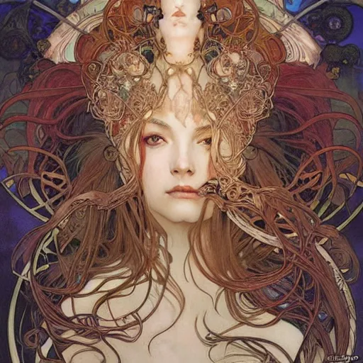 Prompt: realistic detailed face portrait of a Ethereal Nightmare Queen by Alphonse Mucha, Ayami Kojima, Amano, Karol Bak, Greg Hildebrandt, and Mark Brooks, Art Nouveau, Neo-Gothic, gothic, rich deep colors