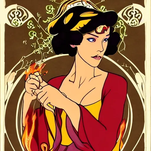 Image similar to art nouveau still of Princess Ursa performing a firebending healing session