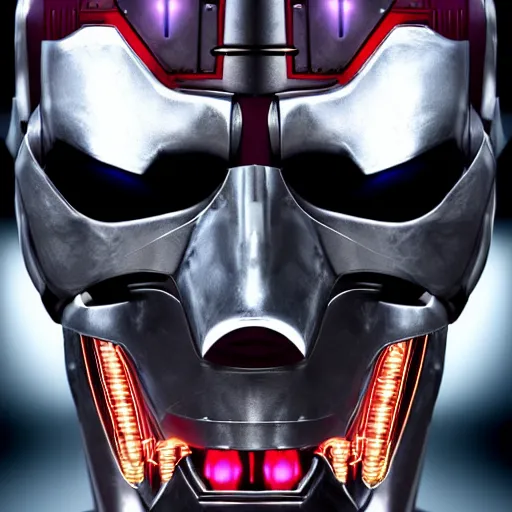 Image similar to portrait of a menacing evil villain robot, glowing dark red eyes, metal teeth, purple tubes, striking, Terminator, Ultron, sci-fi, facial features, skull shape, C-3PO