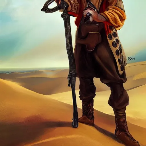 Prompt: a man holding a large blunderbuss. standing in a sand dune. colorful, bright, fantasy, artgerm, dnd, fantasy, rpg