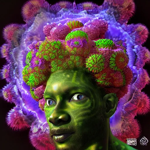 Image similar to african shaman with an afro made of flowers, third eye art art by machina infinitum, complexity from simplicity, rendered in octane, mandelbulb 3 d, ambient occlusion, macro photography, black opal
