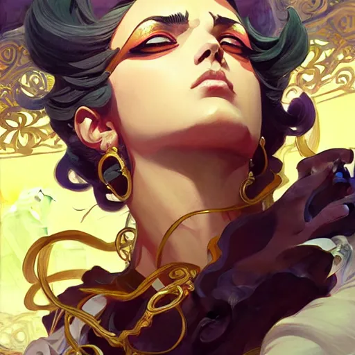 Image similar to jojo's bizarre adventure , intricate, elegant, highly detailed, digital painting, artstation, concept art, smooth, sharp focus, illustration, art by artgerm and greg rutkowski and alphonse mucha