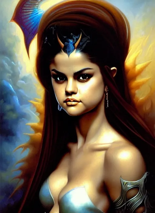 Image similar to fineart portrait illustration of selena gomez as a sorceress by peter mohrbacher and frank frazetta and boris vallejo, hyper detailed, crisp