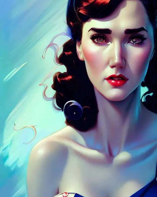 Image similar to a pin up and beautiful fashion charming dreamlke jennifer connelly, symmetrical face, symmetrical eyes, character art, art by artgerm lau and wlop and and ilya kuvshinov and john singer sargent, joshua middleton comic art