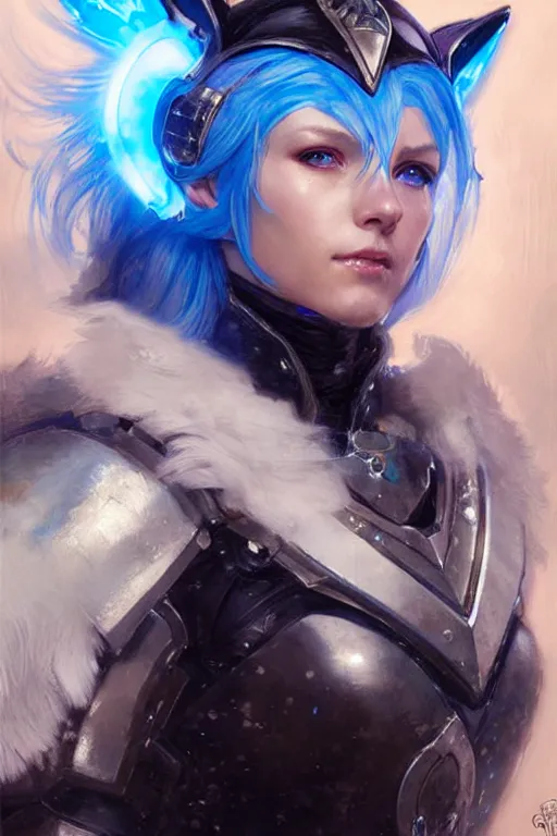 Image similar to woman with white hair, blue eyes and glowing cat ears in police armor portrait dnd, painting by gaston bussiere, craig mullins, greg rutkowski, yoji shinkawa