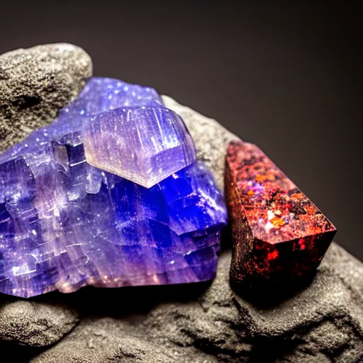 Image similar to a mineral rock, in a dark studio room. Photography of rare minerals. Tanzanite, Red Beryl, Bixbite, Red Emerald, Scarlet Emerald, Opal, Quartz, Elbaite, Calcite, Kunzite. in the style of Mike Rathke.