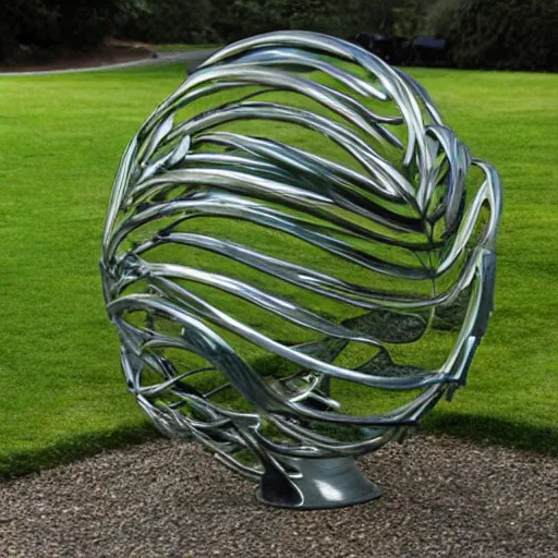 Prompt: cgi liquid forms in metal abstract sculpture in green grass