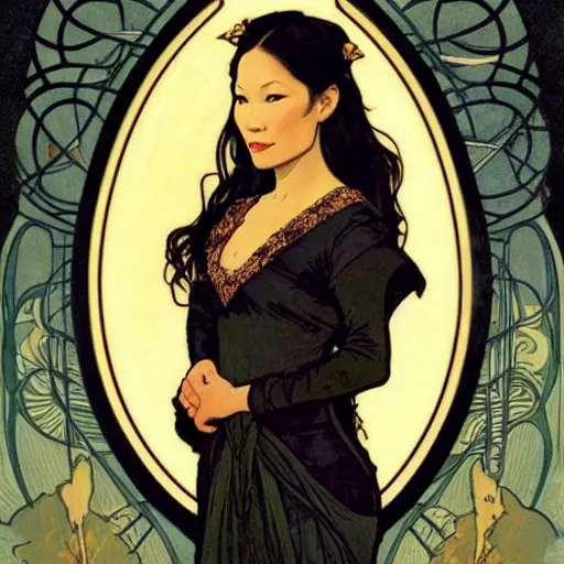 Prompt: lucy liu portrait by louis - theophile hingre and alphonse mucha, realistic, sharp focus, zodiac signs, tarot cards, planets, ethereal, art nouveau, magic, moon, sun, crown, dreamy, royal, jewellery