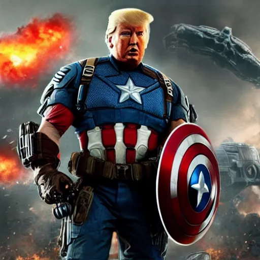 Image similar to Donald Trump as ((captain america)) in Gears of War, patriotic, splash art, movie still, cinematic lighting, dramatic, octane render, long lens, shallow depth of field, bokeh, anamorphic lens flare, 8k, hyper detailed, 35mm film grain