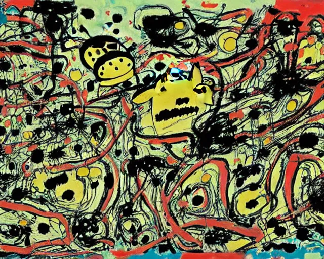 Image similar to abstract expressionism. a still from my neighbor totoro, re imagined in the style of jackson pollock. surrealism, dadaism, ghibli