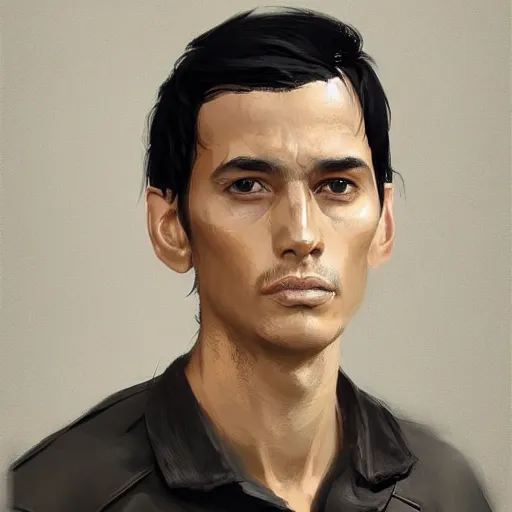 Image similar to portrait of a peruvian man by greg rutkowski, he is about 3 0 years old, short black hair with bangs, very tall and slender, he is wearing a beige and black utility jumpsuit, highly detailed portrait, digital painting, artstation, concept art, smooth, sharp focus ilustration, artstation hq