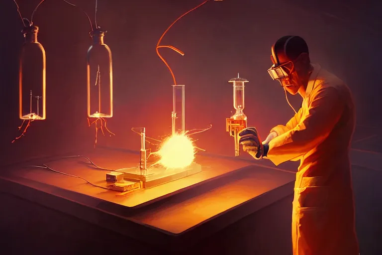 Image similar to symmetry!! scientist performing a explosive experiment by artgerm greg rutkowski and andreas rocha, cinematic lighting, highly detailed, warm colours, 8 k