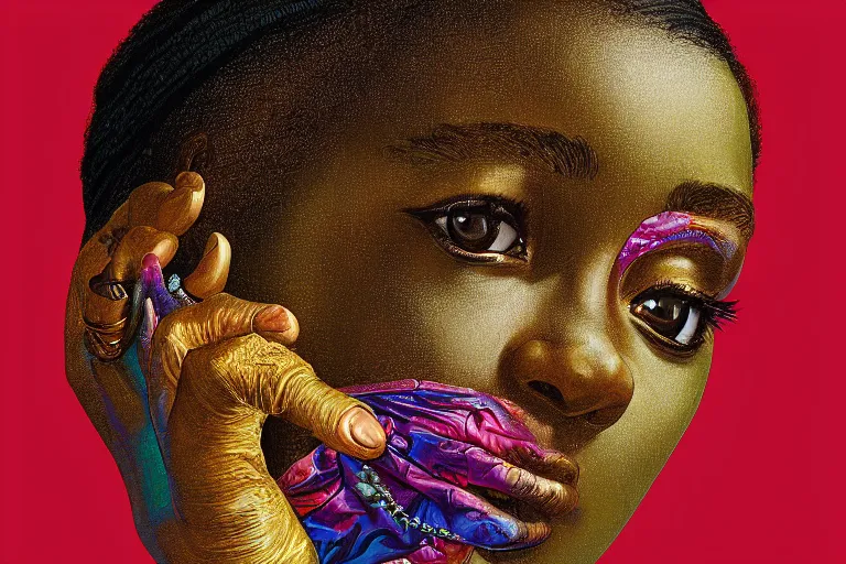 Image similar to a girl pirate with iridescent skin by kehinde wiley