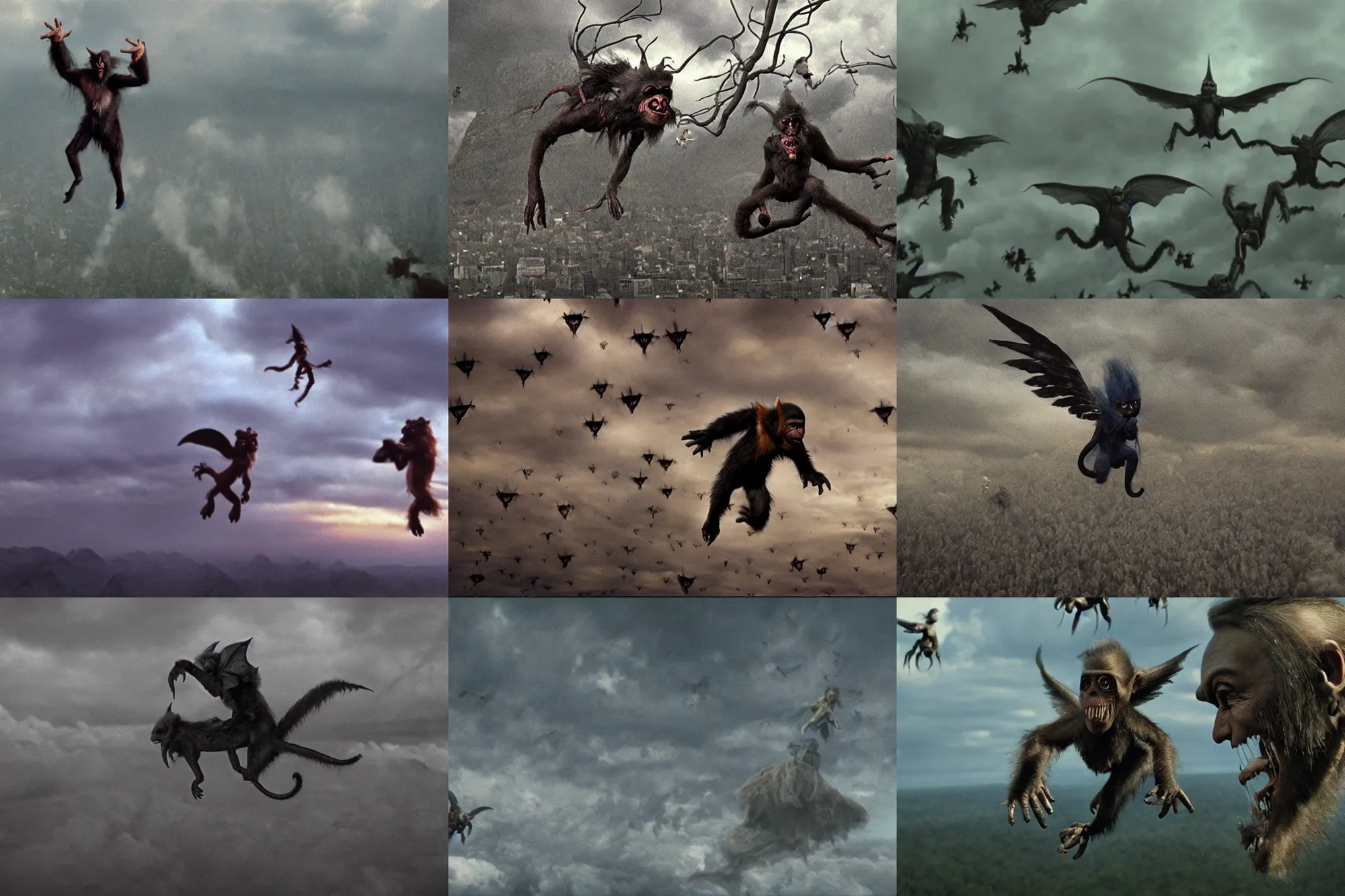 Prompt: scary flying monkeys invade from above, film still by emmanuel lubezki