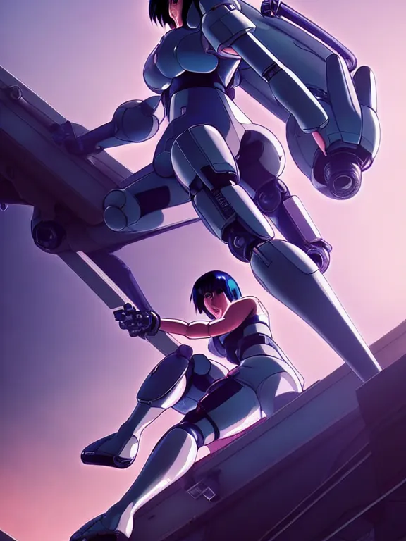 Image similar to a fullbody action still of motoko kusanagi riding on top of a tachikoma, the major ghost in the shell : : stand alone complex, under repairs, maintenance : : by ilya kuvshinov, rossdraws, artgerm, sola digital arts, anti aliasing, raytracing : :