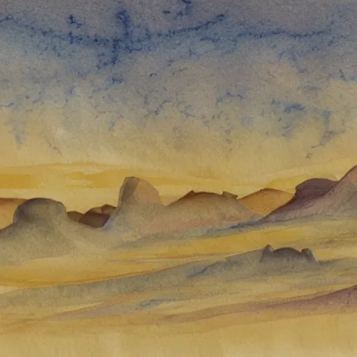 Image similar to a beautiful landscape of an alien planet, with strange terrain and manmade structures not found on earth, watercolor over graphite on vellum golden accented