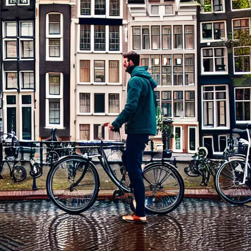 Image similar to man taking beautiful pictures with his cell phone in amsterdam on a light rainy day, photorealistic, dynamic light, ultra detailed