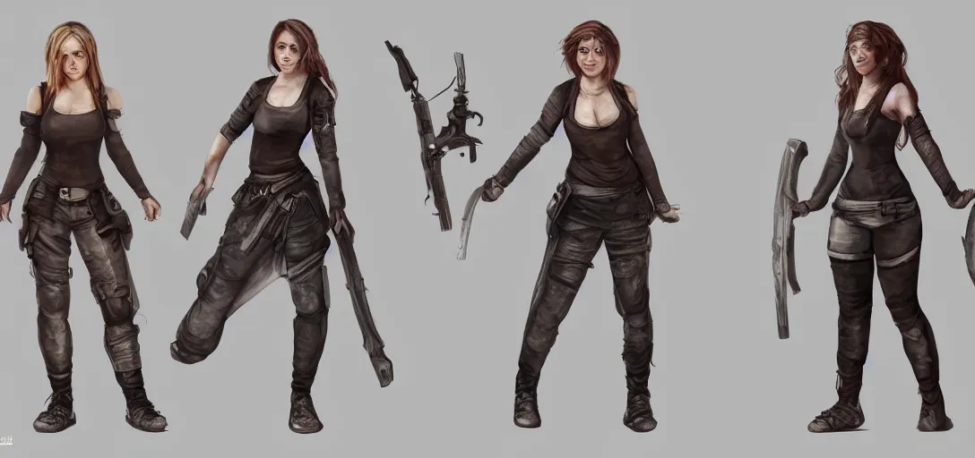 Image similar to character sheet concept art of female video game characters, renaissance, parkour, rebel, realistic, hyper realistic, photographic, costume