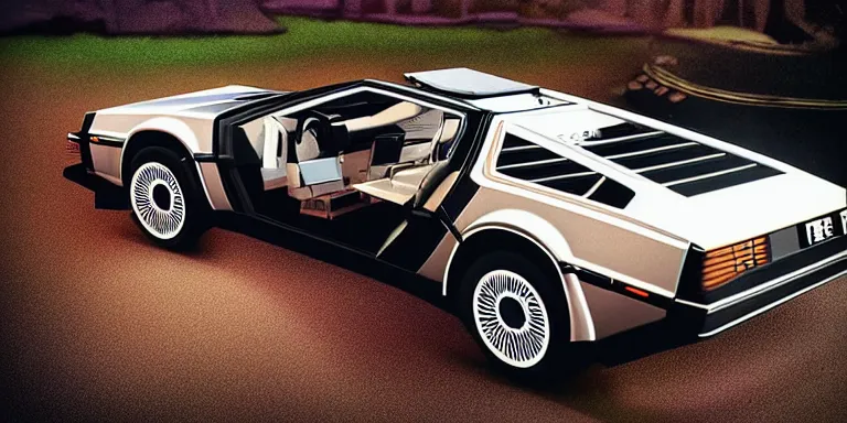 Prompt: Photorealistic cinematography of the rear of a “1981 DeLorean DMC-12” Time Machine from the film “Back To The Future” reversing down a ramp out of Doc Browns “1984 white GMC Value Van” at night filmed on location at ultra photorealistic “Back To The Future” “Twin Pines Mall” parking lot Set located at Puente Hills Mall, 1600 South Azusa Avenue, City of Industry, California At night By “Back To The Future” Cinematographer Dean Cundey on a wide angle 9.8mm lens at 2am at night Saturday October 26th 1985