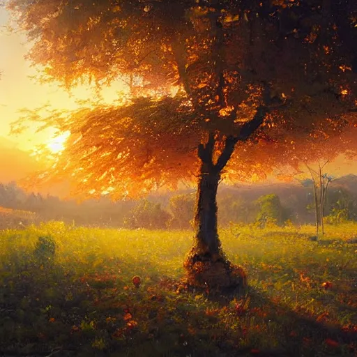 Image similar to a beautiful painting by banska stiavnica nature in sunset, translucent fruit tree, peach, by greg rutkowski and james gurney, artstation