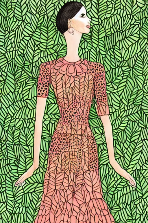 Prompt: melon colored dress, fashion illustration by eko nugroho, jungle background, finely detailed